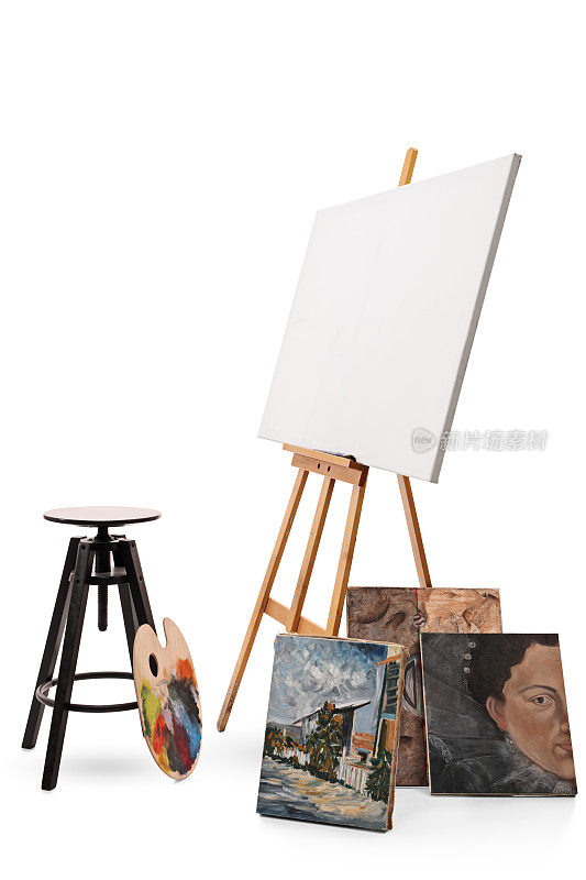 椅子，调色板，帆布和油画
