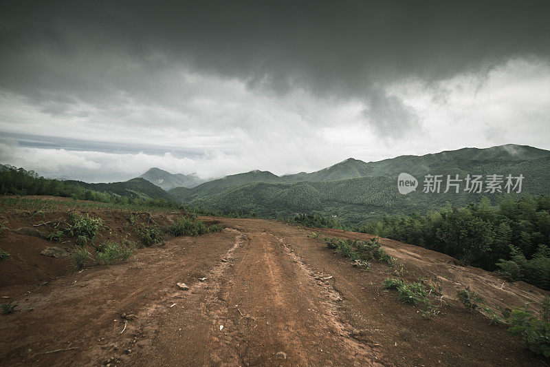 岩石路在阴天与轮胎印汽车商业