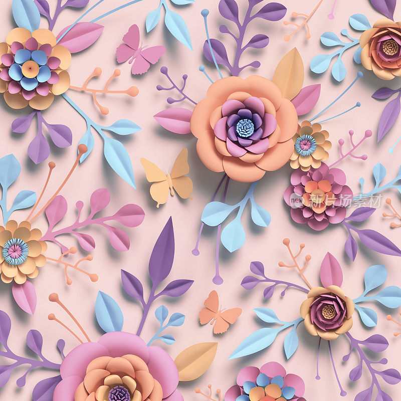3d渲染，纸花，彩色调色板，植物背景，花束，花卉装饰