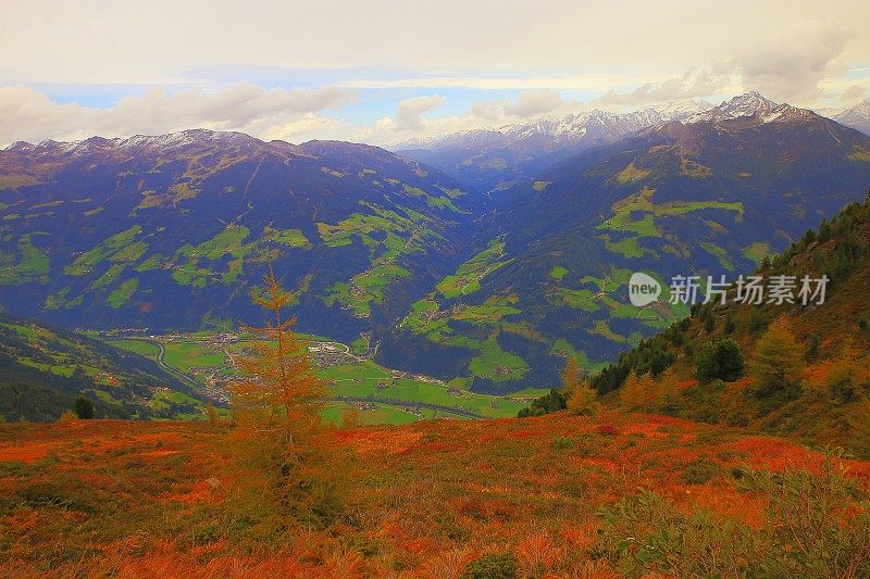 在奥地利蒂洛尔白雪覆盖的阿尔卑斯山，在金秋的齐勒塔尔山谷之上的田园诗般的风景
