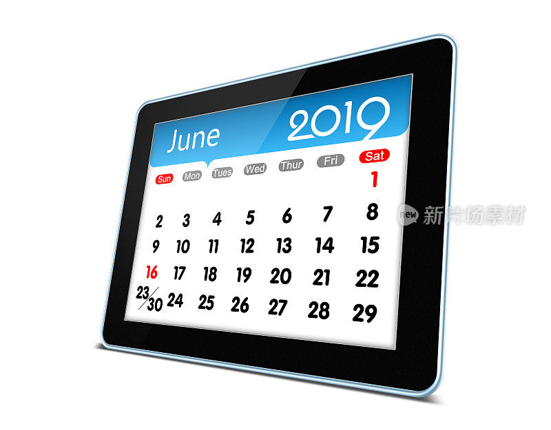 2019年6月数字平板孤立日历(剪切路径)