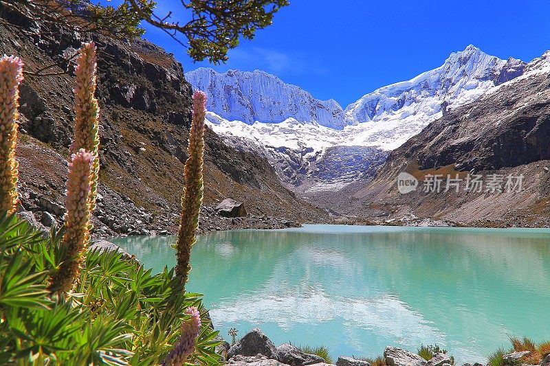 秘鲁安第斯山脉，拉古纳·拉卡湖，冰川和白雪皑皑的布兰卡山脉