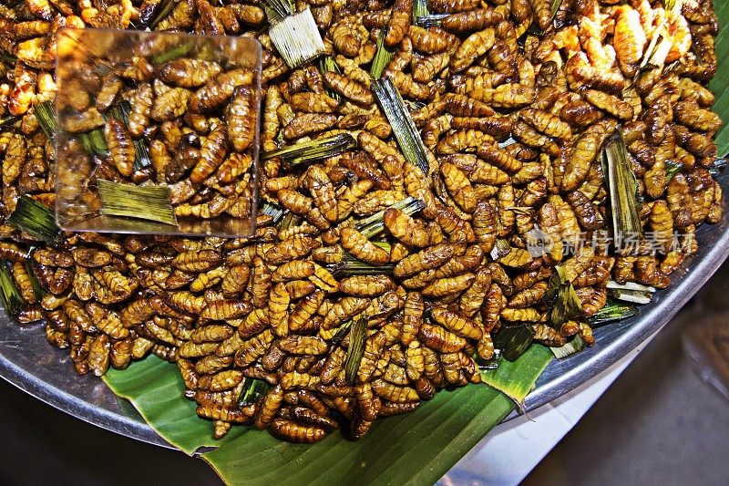 油炸毛虫盘在当地泰国新鲜市场。