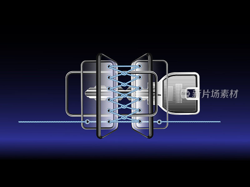 多部智能手机和钥匙用绳子编织成鞋带一样的鞋子