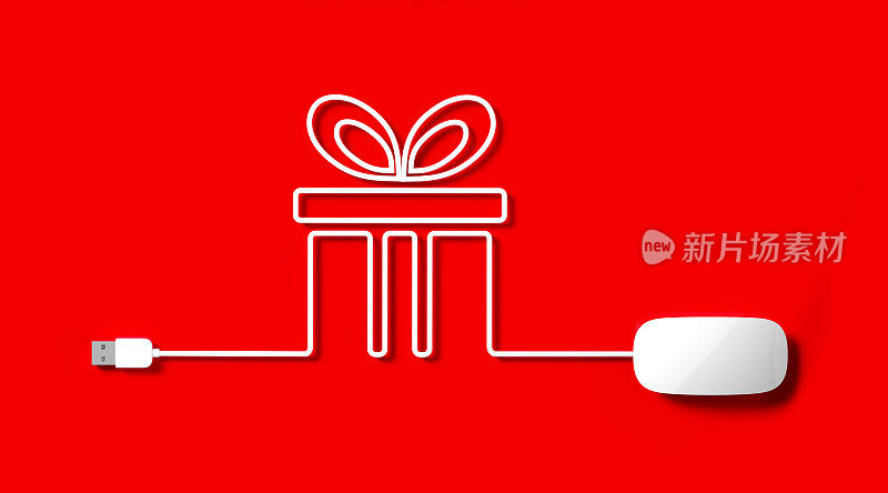 红色背景上的小白鼠电缆形成礼品盒