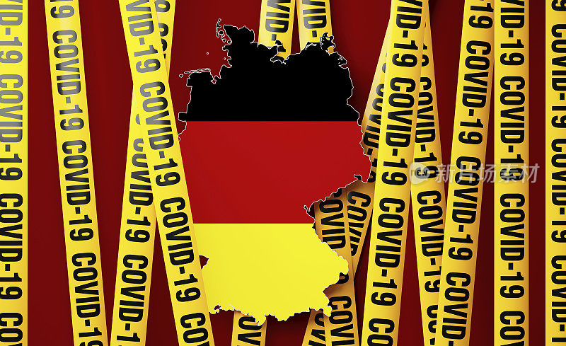 德国地图，红色背景上印有COVID-19的胶带屏障