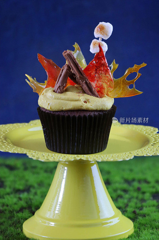 自制巧克力纸杯蛋糕的图片，上面是黄色的管状糖霜巧克力薄片，橙色的煮过的甜火焰和棉花糖，黑色的纸蛋糕盒，在黄色的蛋糕架上，蓝天和绿草的背景，聚焦前景