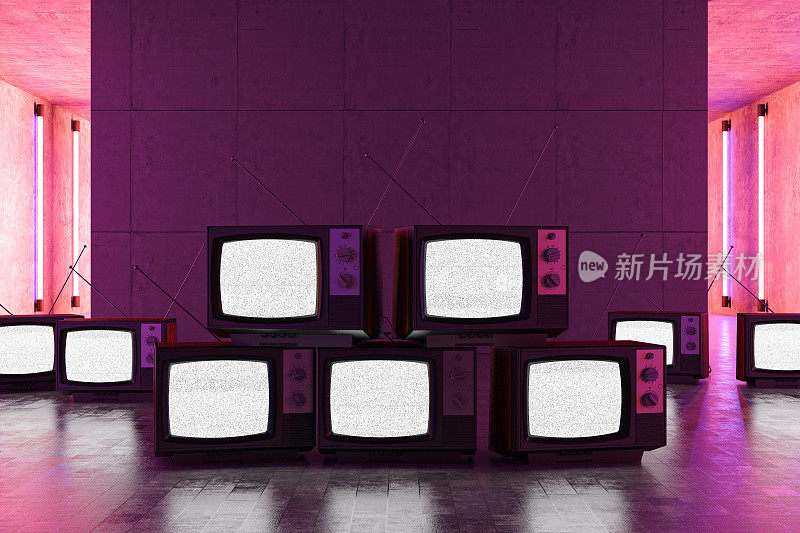 一堆带霓虹灯的旧电视