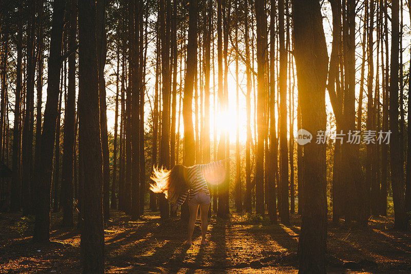 年轻女子在美丽的森林里奔跑，夕阳西下