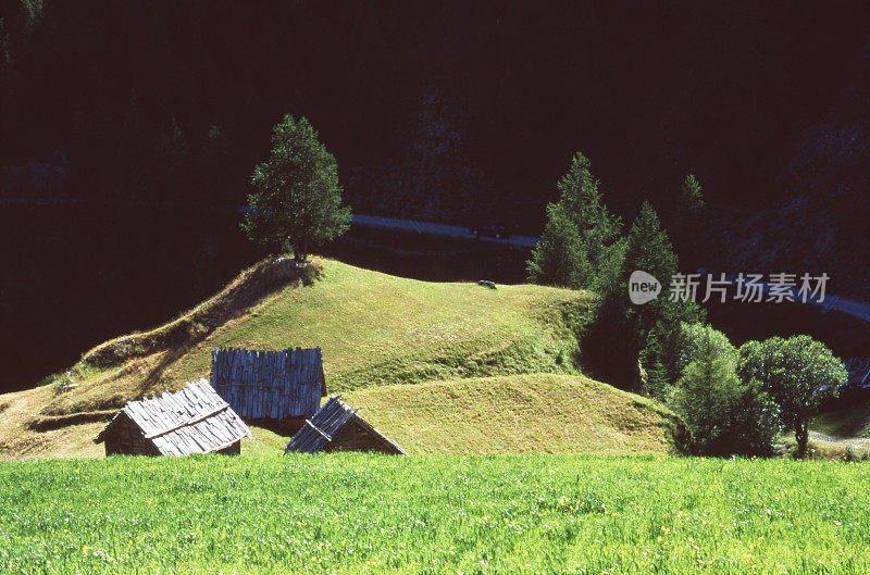 三间小木屋，几棵树和一条路