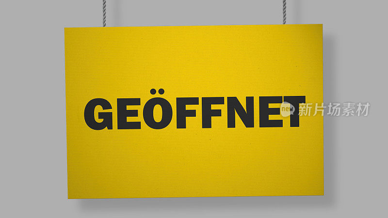 Geöffnet(打开)用绳子吊着的德国硬纸板招牌。包括剪切路径，以便您可以放置自己的背景。