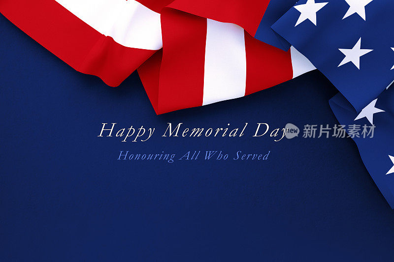 阵亡将士纪念日概念-阵亡将士纪念日祝词写在海军蓝背景下涟漪美国国旗