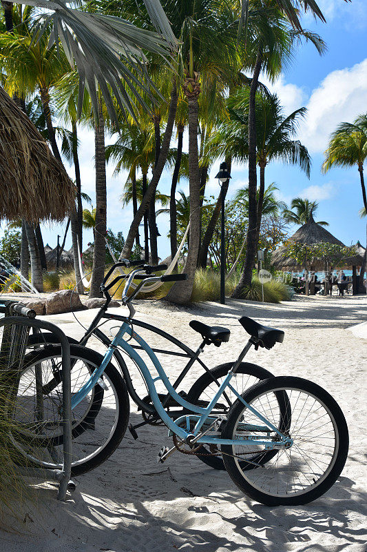 两辆沙滩自行车停在沙滩上