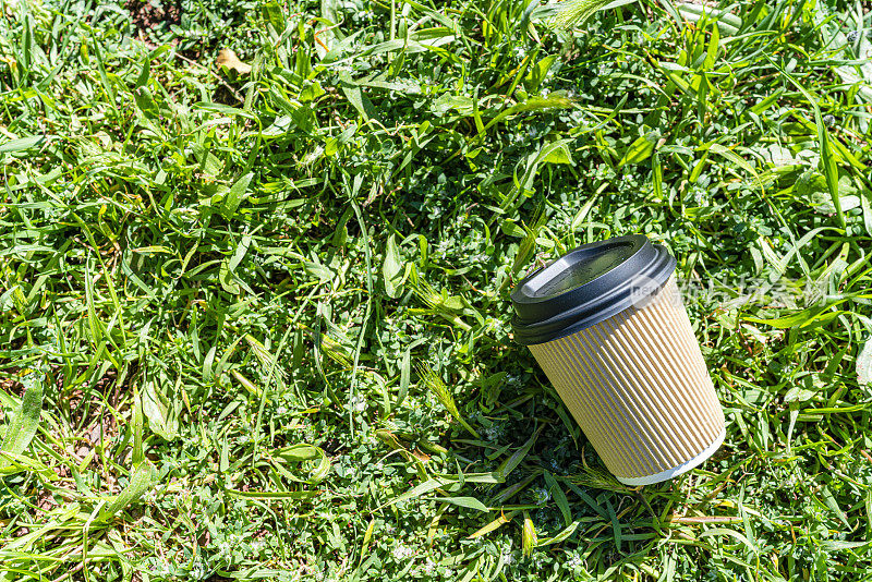 废弃的咖啡杯被丢弃在草地上