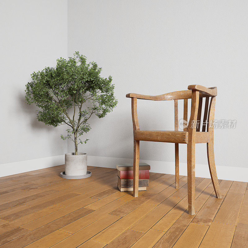 奢华简约的灰色室内，天鹅绒椅子，咖啡桌，热带植物在金壶。复制空间铭文，模拟海报。空墙。棕色木拼花。