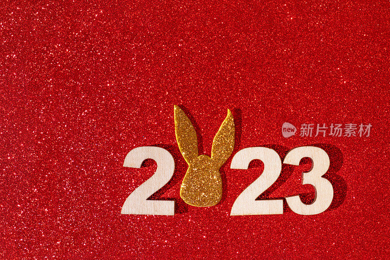 木制数字2023，在彩色背景上有兔子耳朵象征新年