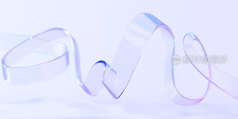 透明彩虹色带3d渲染。塑料、亚克力或玻璃的飞波曲线线，具有梯度纹理的全息透明液体带，孤立抽象几何形状