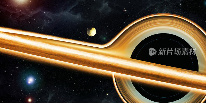 黑洞发出近距离的霍金辐射黑洞的视界扭曲的重力场时间是弯曲的类星体引力扭曲时空是弯曲的宇宙背景三维插图