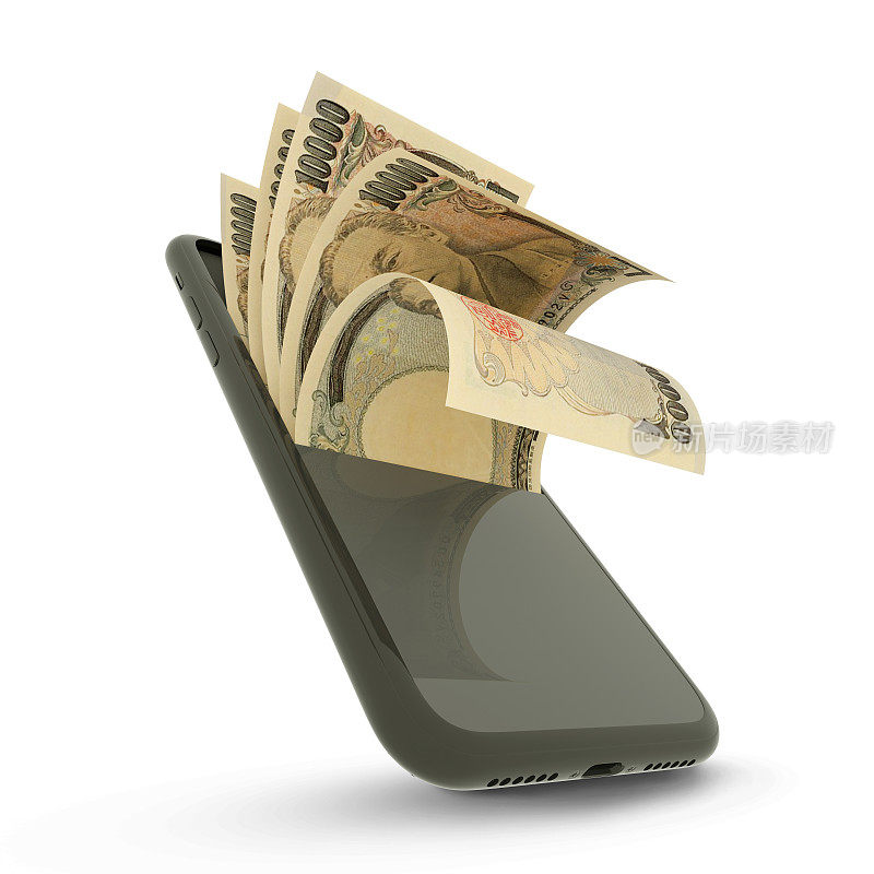 手机内10000日元纸币的3D渲染，白色背景孤立