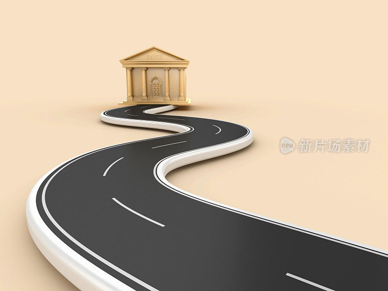 蜿蜒的3D道路与银行大楼