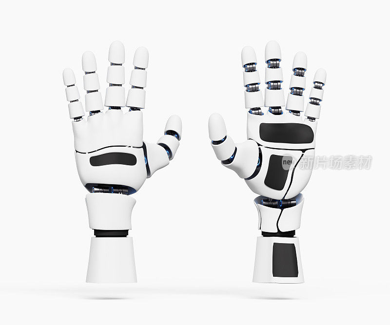半机械人的手前后视图。适用于AI、人工智能。未来仿生手假肢。3D机械手图标。三维演示