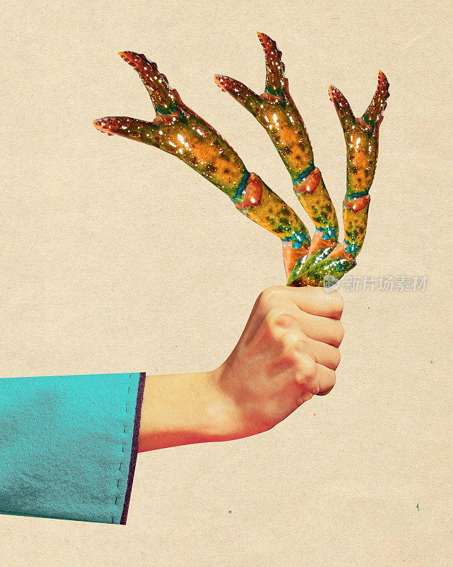 当代艺术拼贴。蓝色袖子里的手握着像花束一样的爪子，象征着艺术是活的、生长的实体。