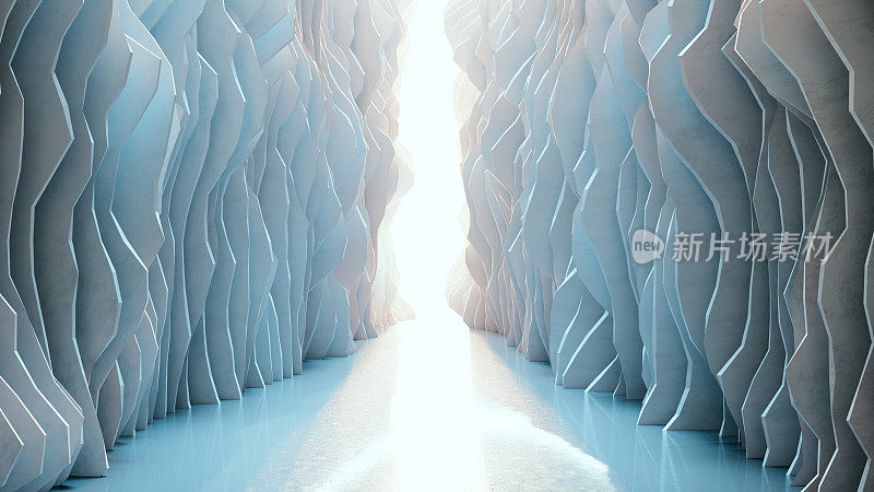 抽象的几何峡谷，反射表面由柔和的阳光照射，具有光滑，闪闪发光的表面和高耸的冰墙与棱角图案。未来景观的3D渲染