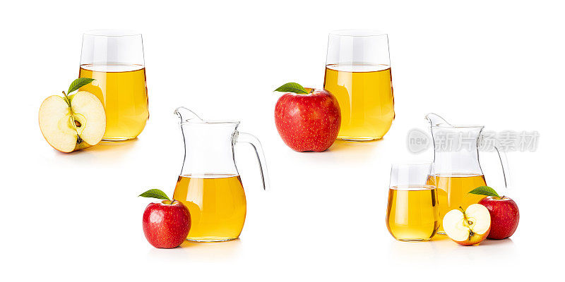 一套饮水玻璃杯和装满苹果汁的罐子孤立在白色的背景