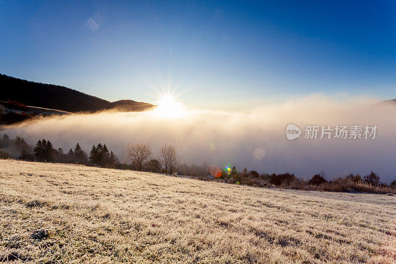 太阳从山后升起，雾在夏季清晨的黎明升起。清晨的雾消散在喀尔巴阡山脉。自然山水，自然风光，田园背景