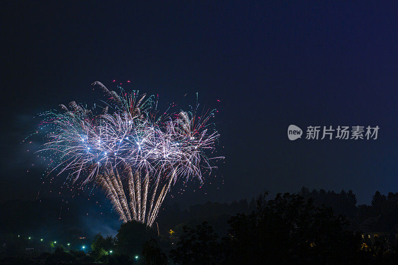 在庆祝活动的夜晚，明亮的烟花在天空中以蓝色、紫色和白色为主