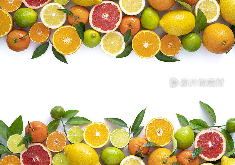 柑橘类水果切排列橘子柑橘酸橙柠檬和