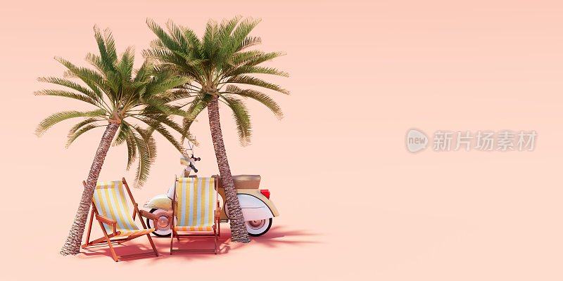 棕褐色背景下的棕榈树、躺椅和一辆助动车。三维渲染