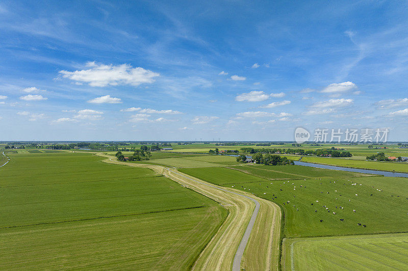春天，从空中俯瞰IJsseldelta的IJssel河旁的农业景观
