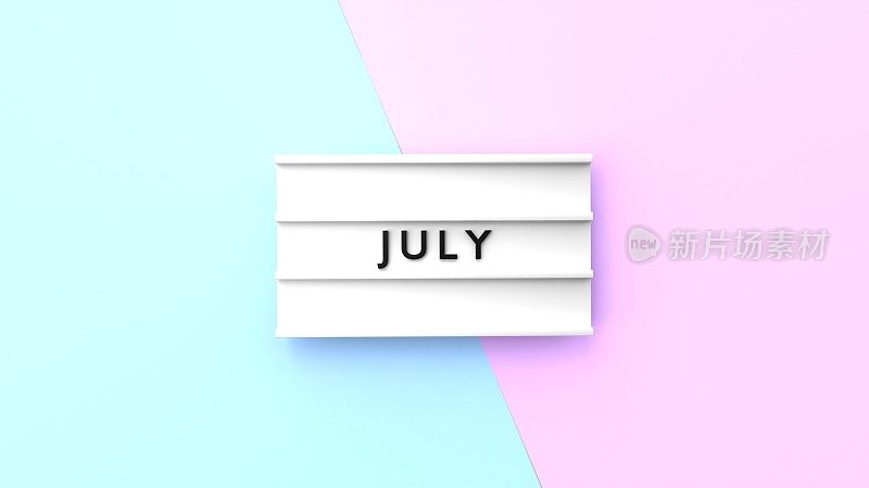 七月文字显示在蓝色和粉色背景的灯箱上