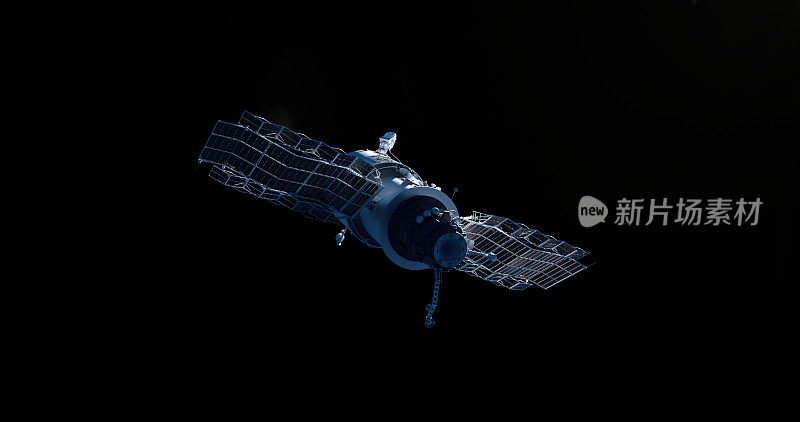 盘旋在黑色背景上的卫星与一个天体科学主题和设计的拷贝空间