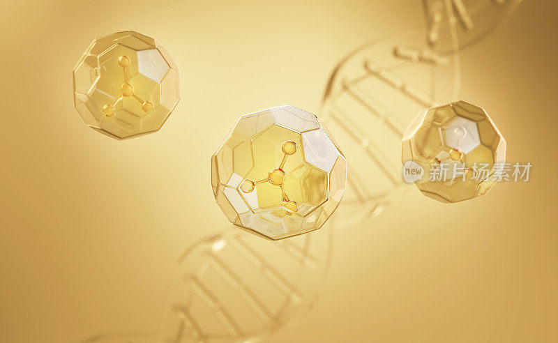 美容保湿液体分子内气泡与DNA，油精华液或乳液3d插图。