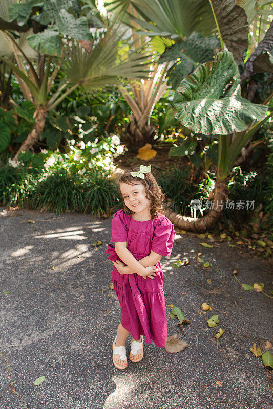 可爱的古巴裔美国三岁小女孩，棕色卷发，棕色眼睛和橄榄色肤色，穿着亮紫色连衣裙，蝴蝶结和白色凉鞋，在佛罗里达州棕榈滩的热带植物前