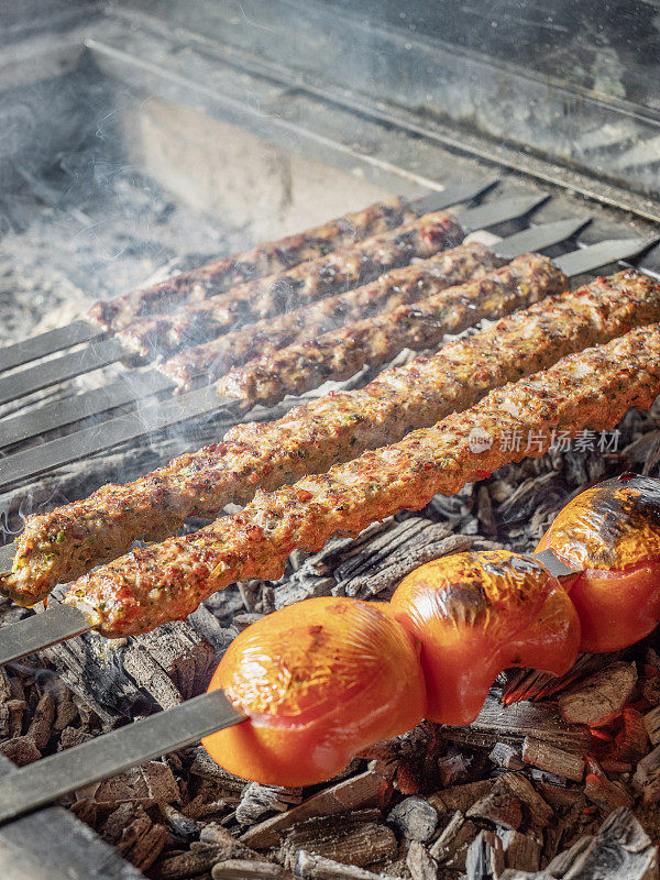 传统的土耳其烤肉串。炭烤串。羊肉串。烤肉串。阿达纳烤肉串。