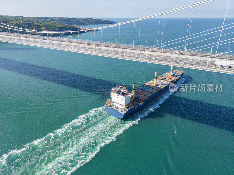 一艘集装箱货轮从桥下通过的鸟瞰图。伊斯坦布尔海峡。