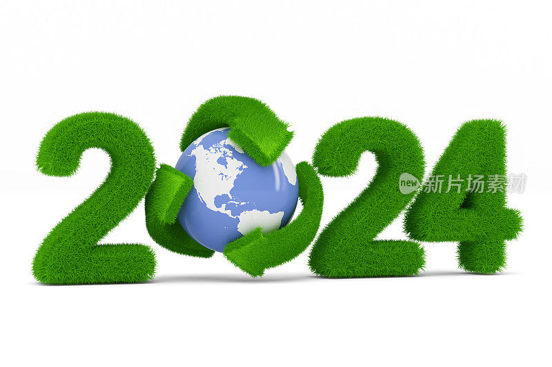 地球日概念:2024年的地球和由草制成的回收标志