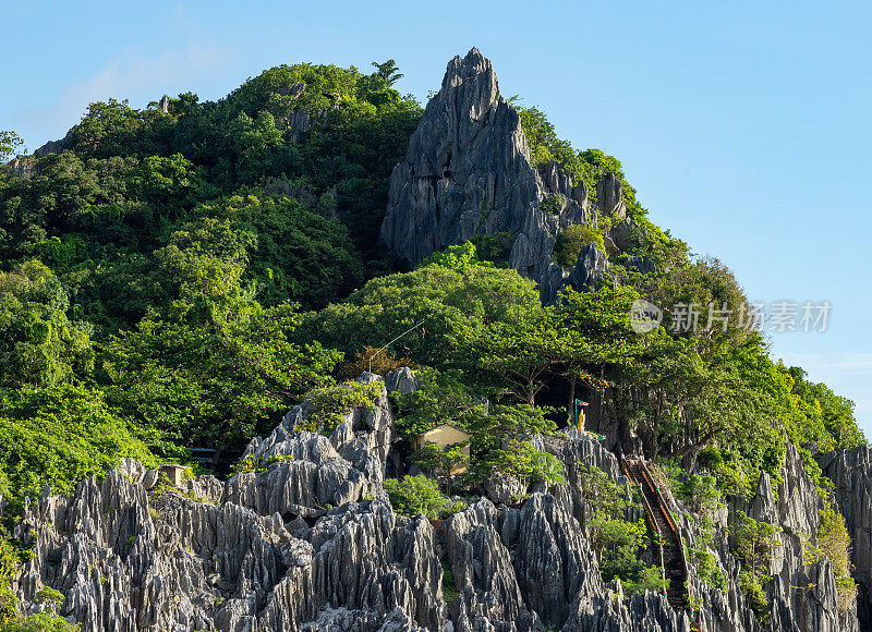 风景石灰岩山脉和杂草丛生的树木，恩赫岛，坚江省