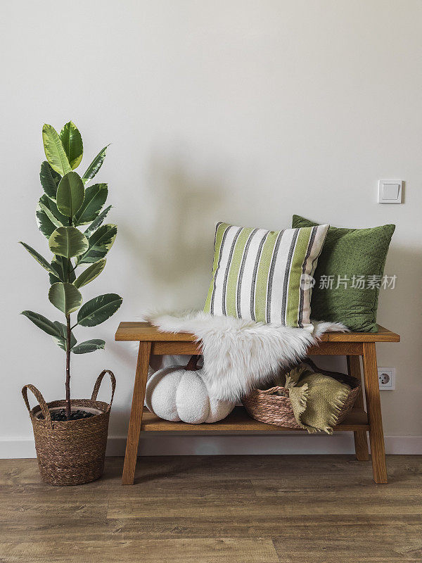 舒适的秋季室内走廊——有装饰枕头的木凳，有毯子的篮子和柳条篮子里的自制无花果花