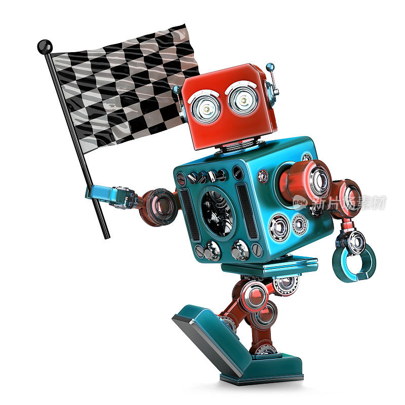 老式机器人与格子竞赛旗。孤立。包含剪切路径