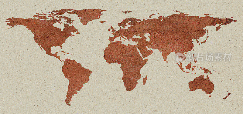 生锈的世界地图上的纸板背景