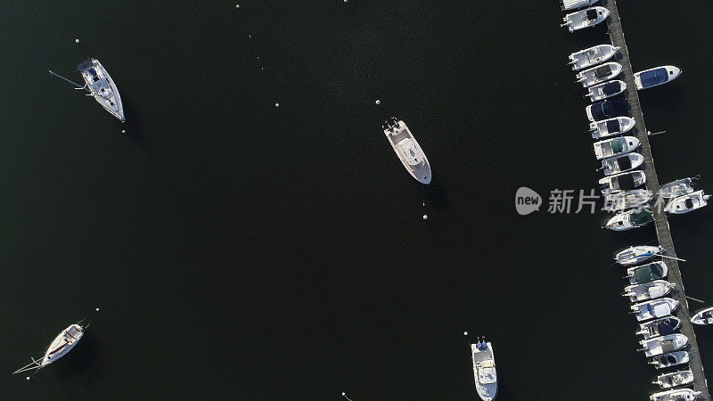从空中俯瞰美国纽约威斯彻斯特马马罗内克码头上的游艇。
