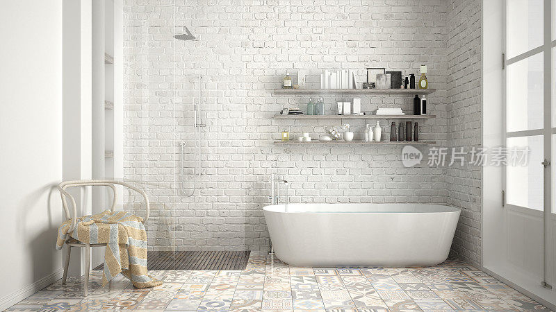 斯堪的纳维亚浴室，经典的白色复古室内设计