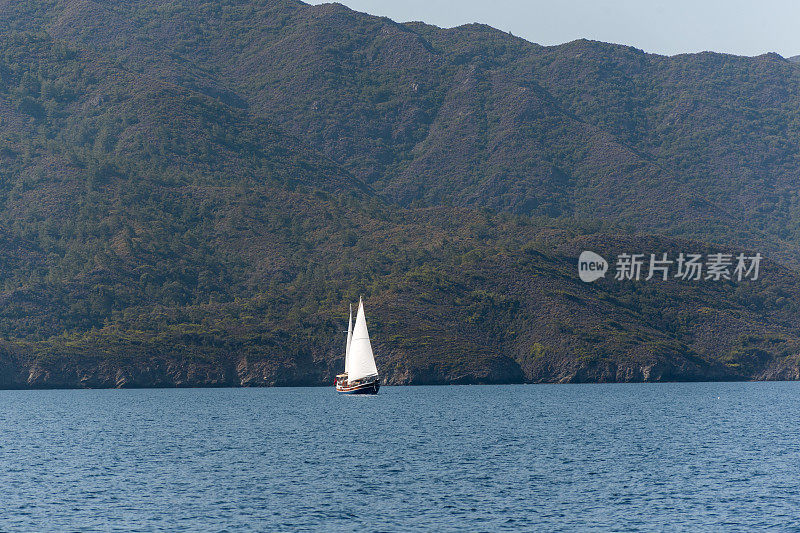 在土耳其穆格拉的波德鲁姆湾，传统的帆船在蓝色之旅中航行