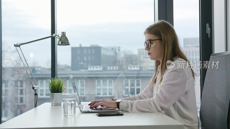 商务女性在室内坐着使用笔记本电脑