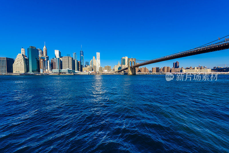 布鲁克林大桥和曼哈顿下城的天际线全景从布鲁克林大桥公园河岸，纽约市，美国