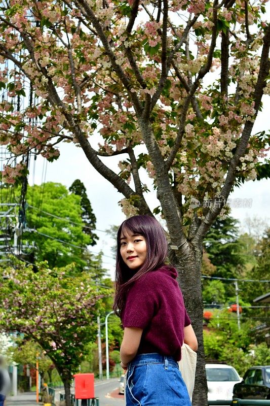 年轻的日本女子站在樱花下